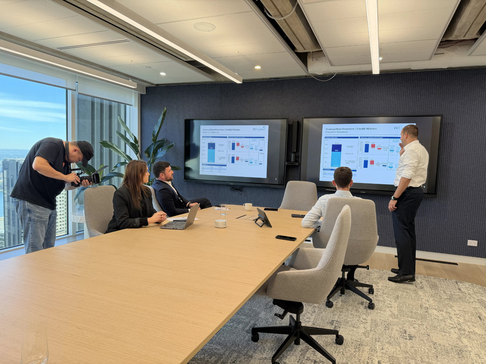 Behind the scenes filming a boardroom session